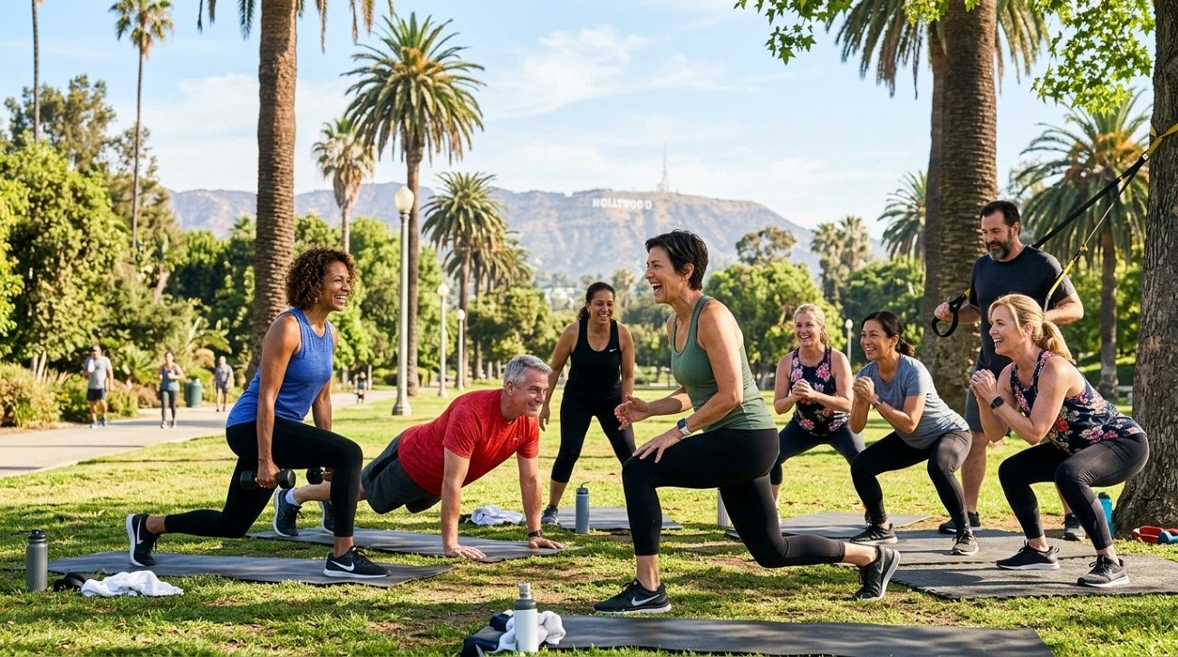 Adults doing outdoor fitness exercises to build muscle after 50 in Los Angeles