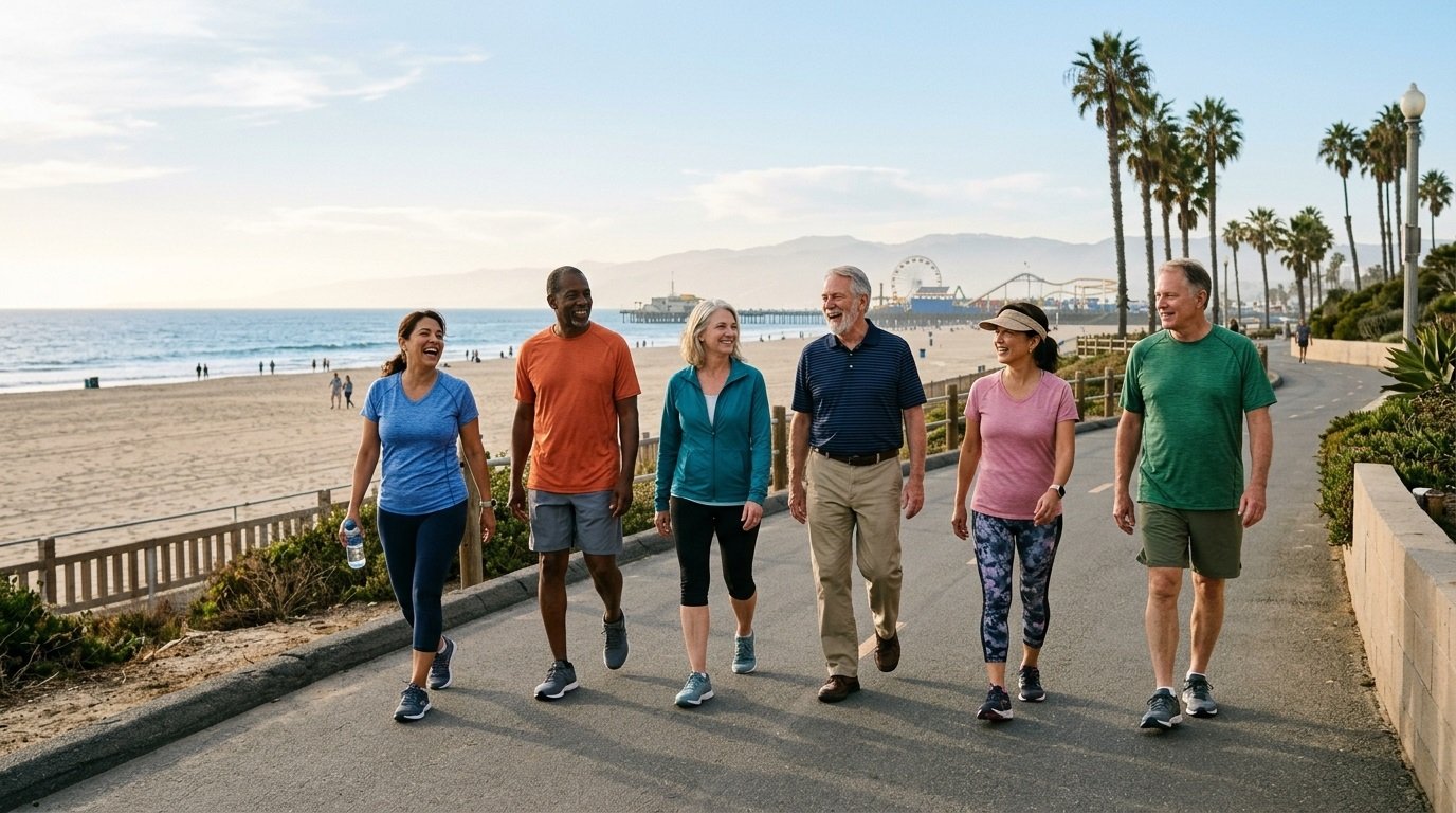 Adults over 50 walking on a flat paved path by the beach in Los Angeles