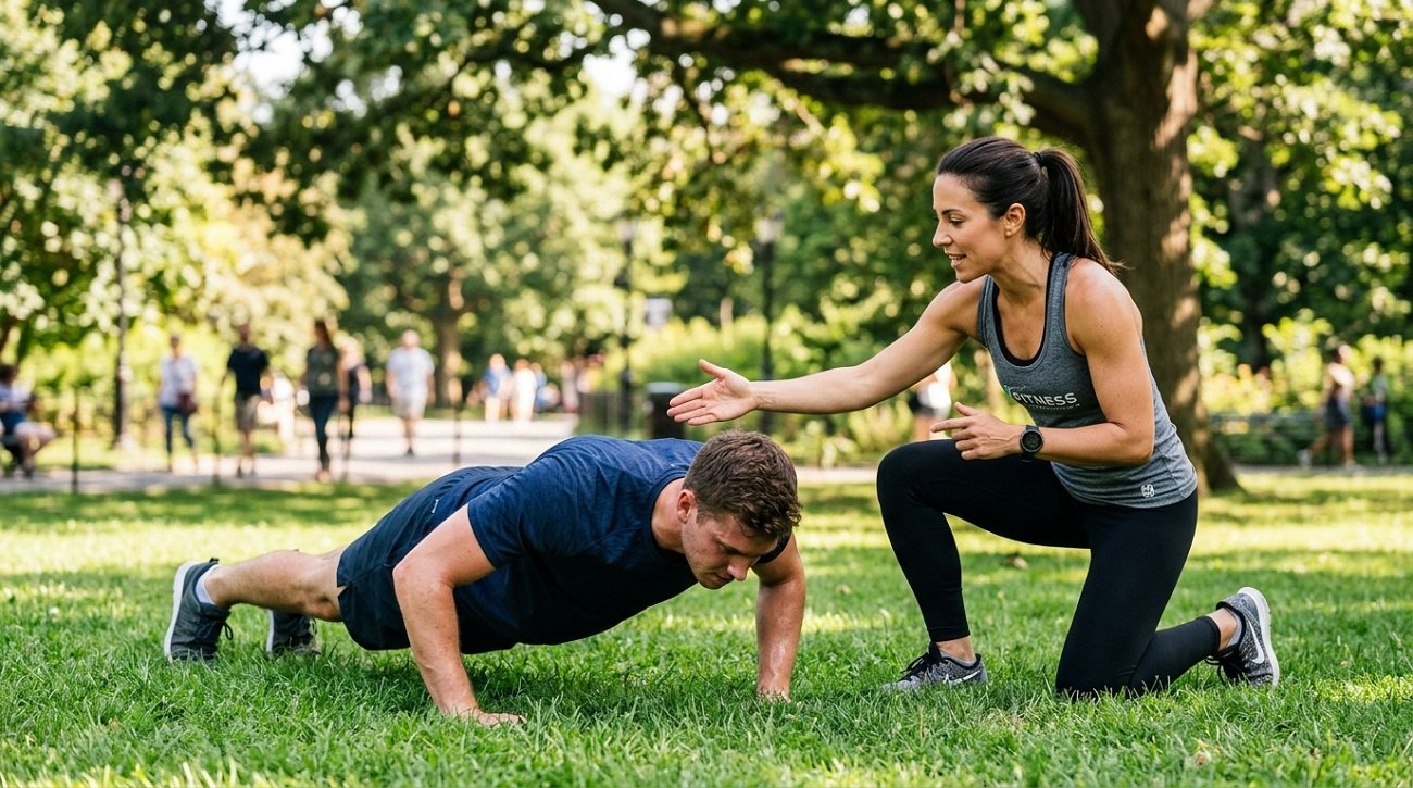 Certified trainer showing a client how to build muscle without a gym using proper form