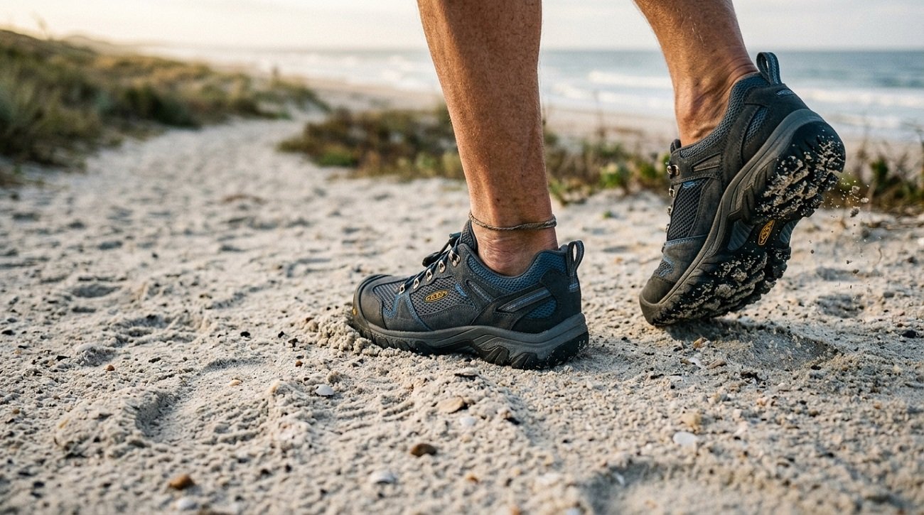 The Best Outdoor Fitness Program for Seniors in Los Angeles 2 Close up of an older adults feet walking on a sandy beach path