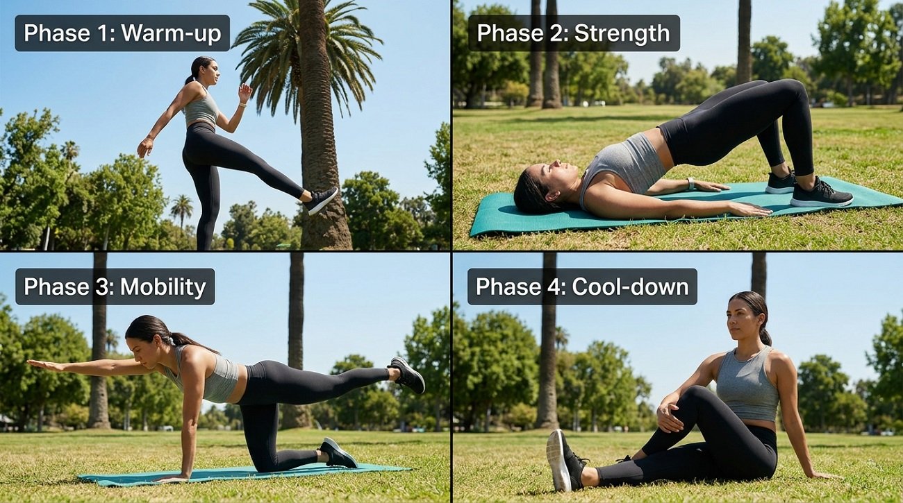 The 30-Minute Outdoor Workout Plan for Adults With Knee or Hip Pain in Los Angeles 3 Complete 30 minute outdoor workout plan infographic for knee and hip pain showing 4 phases