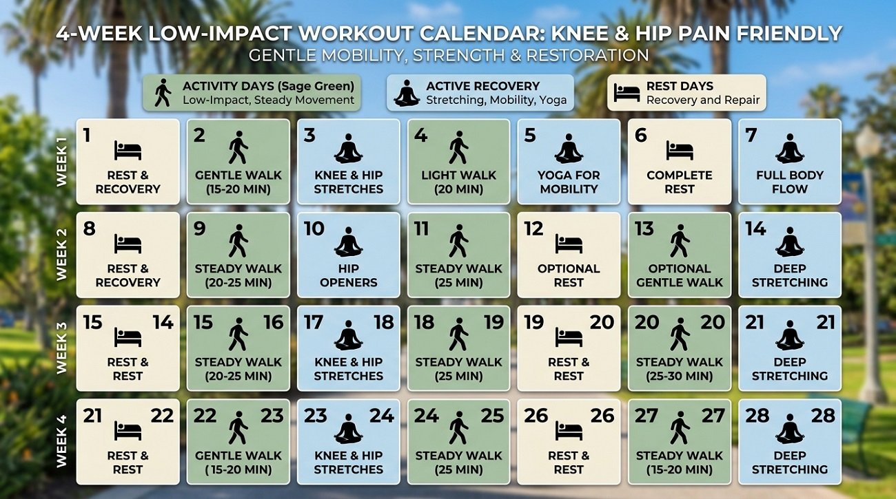 The 30-Minute Outdoor Workout Plan for Adults With Knee or Hip Pain in Los Angeles 4 Four week outdoor workout progression calendar for knee and hip pain showing daily activities and rest days