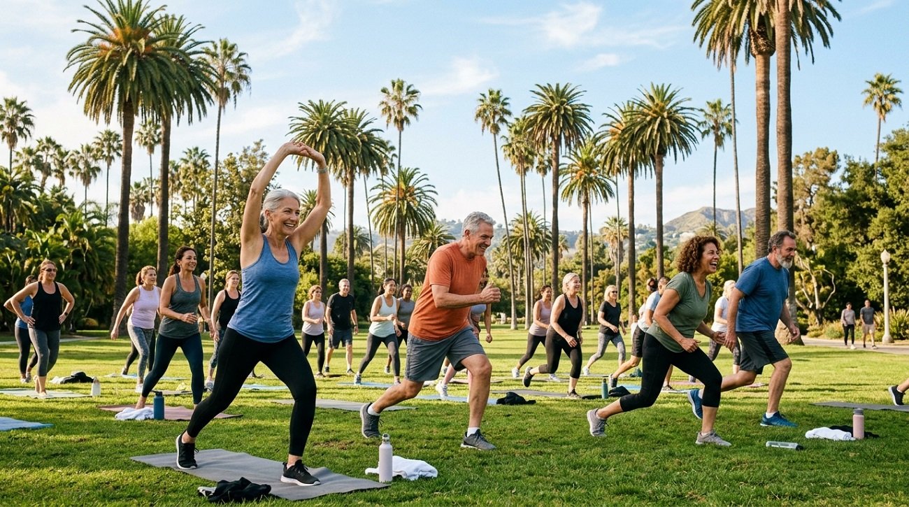The Best Outdoor Fitness Program for Seniors in Los Angeles 1 Adults over 50 participating in an outdoor fitness program for seniors in Los Angeles