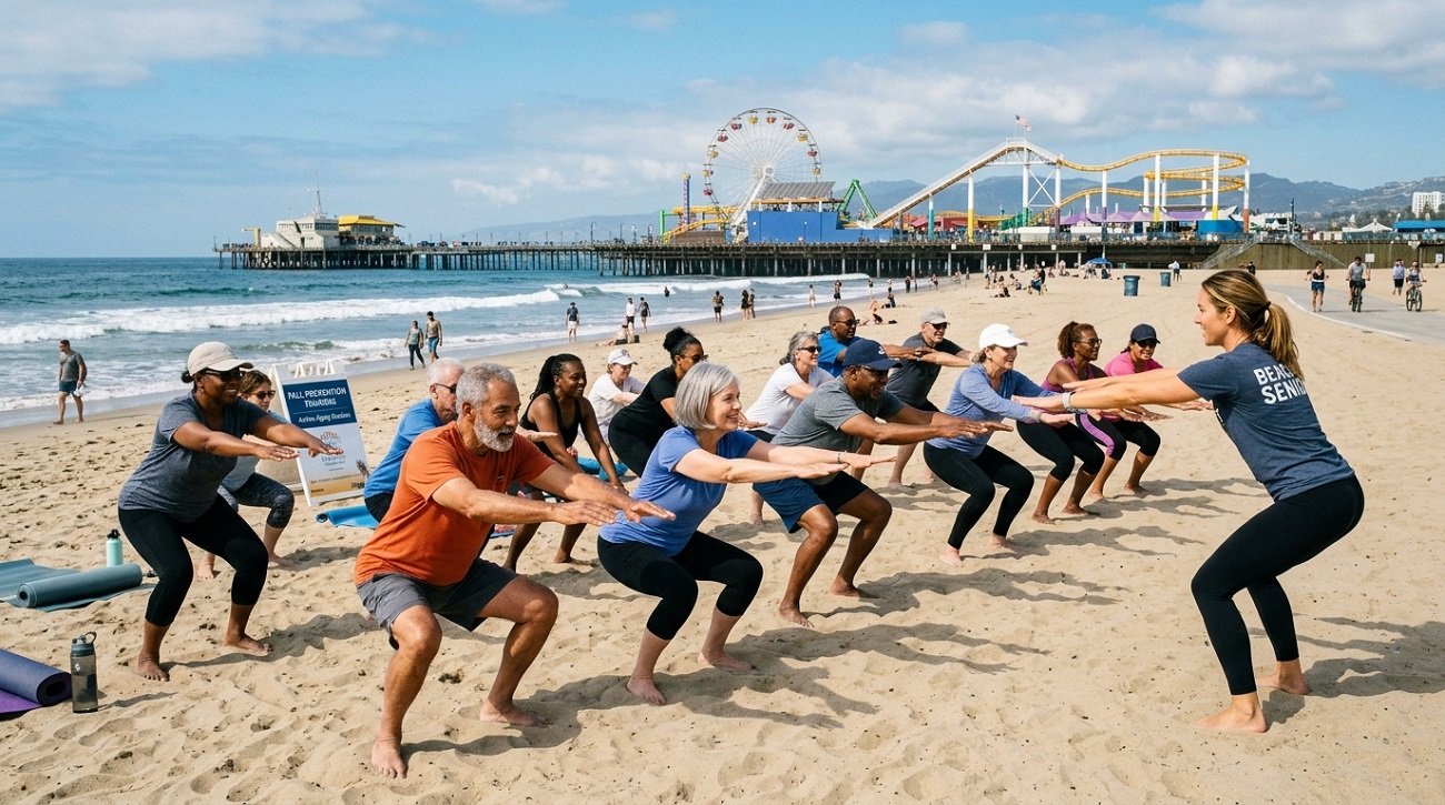 Group of adults over 50 doing bodyweight squats during an outdoor fall prevention training session at Santa Monica beach