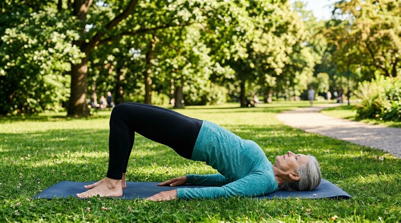 Man over 50 practicing bodyweight glute bridges to build muscle without equipment