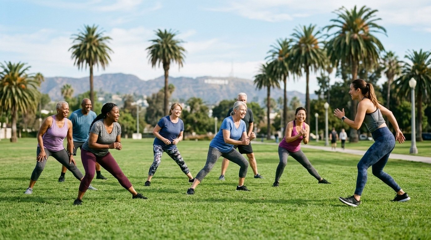 Mature adults doing group fitness training in an uncrowded Los Angeles park