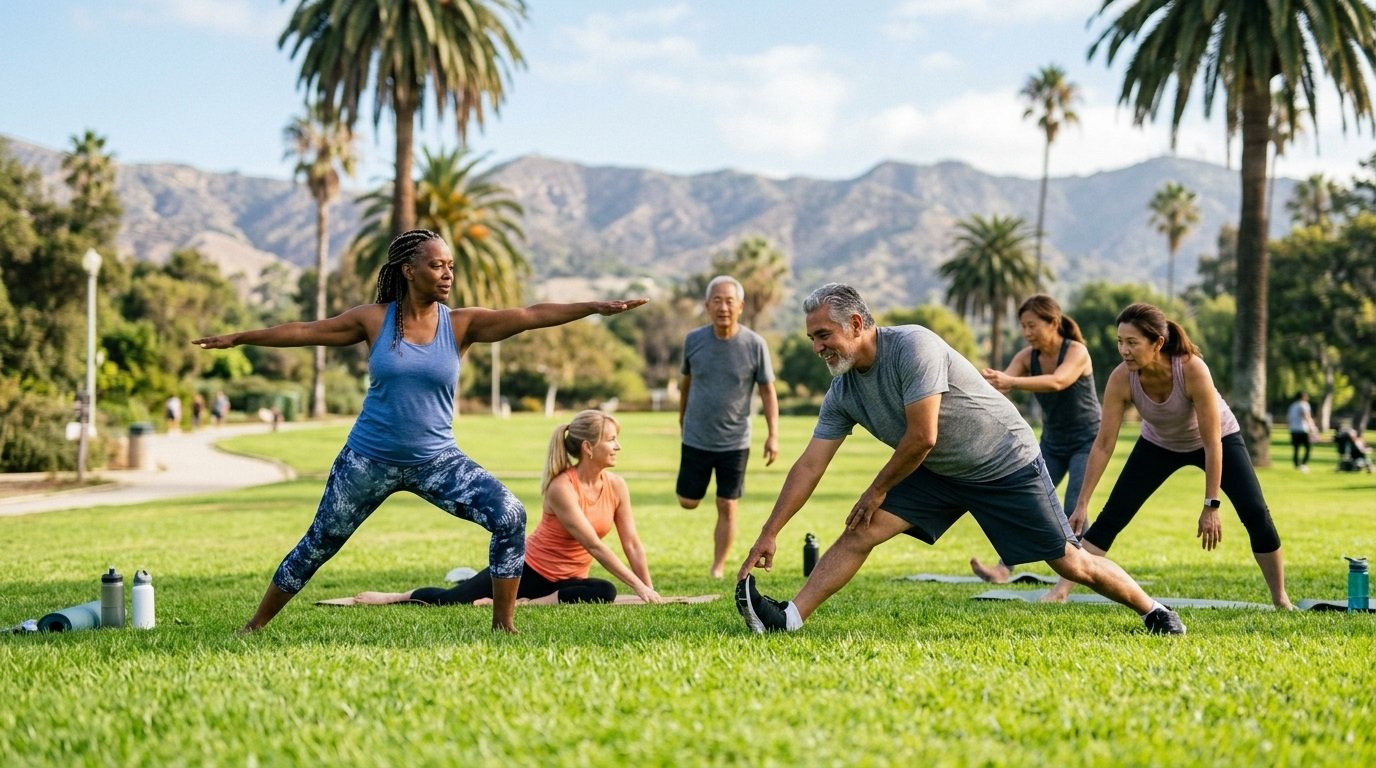 Older adults doing an outdoor workout on flat grass in Los Angeles