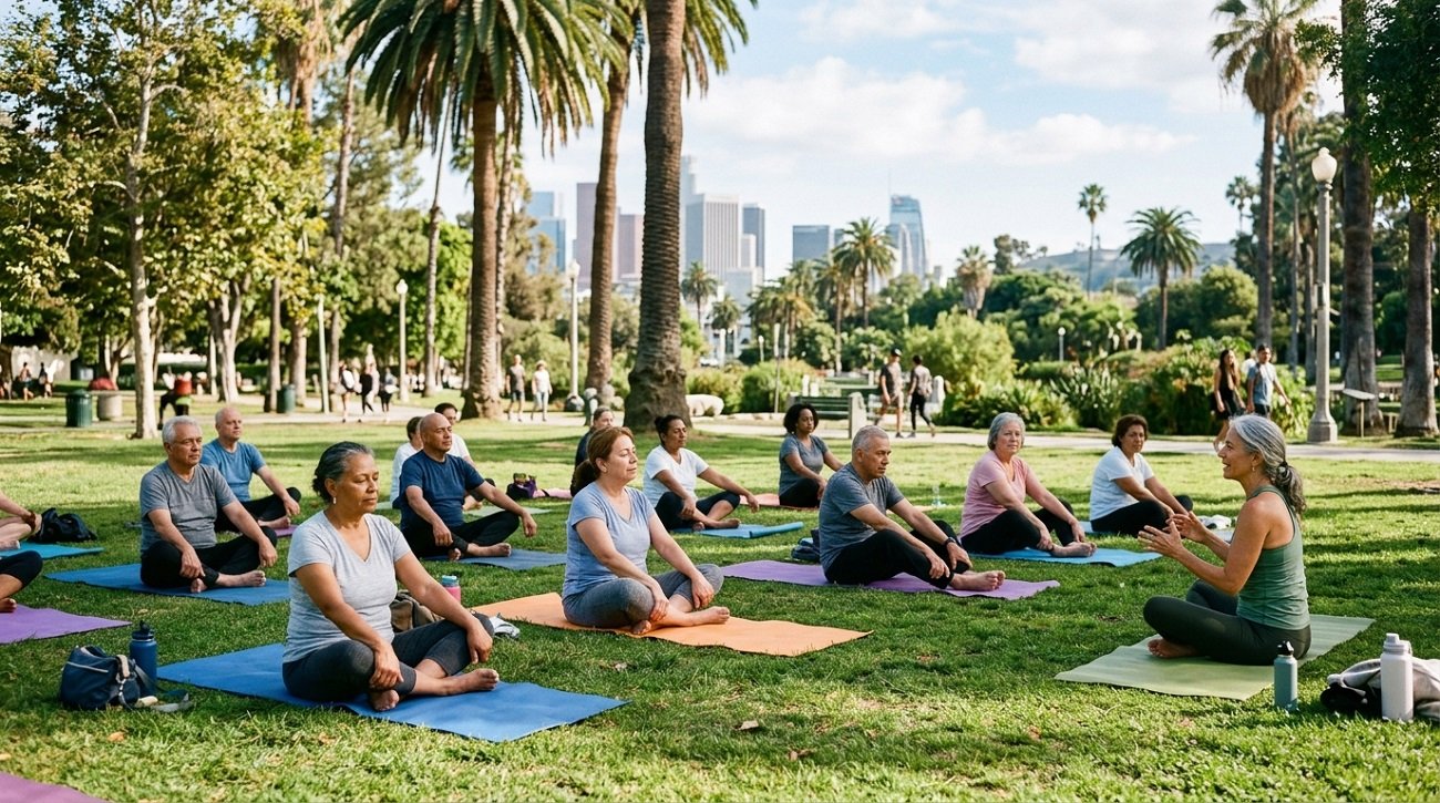 The Best Outdoor Fitness Program for Seniors in Los Angeles 4 Older adults doing yoga poses outdoors in a park