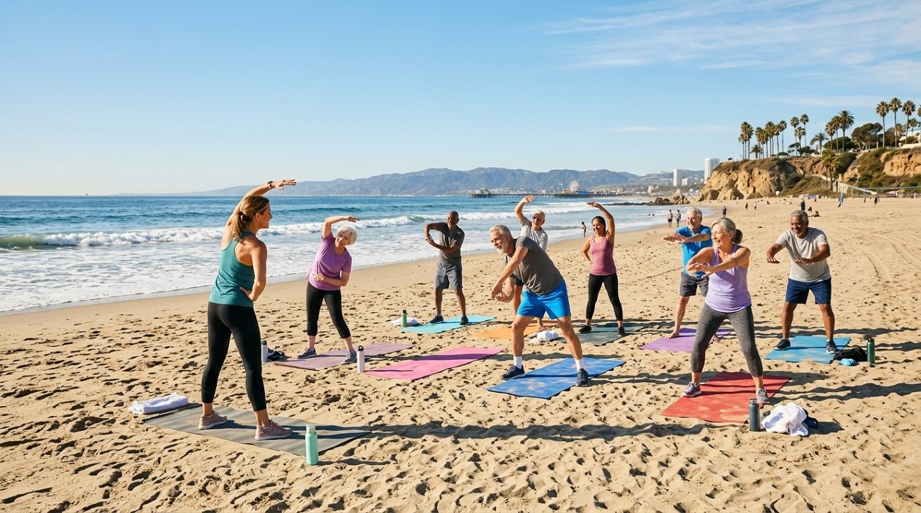 Outdoor fitness class for seniors on a Los Angeles beach
