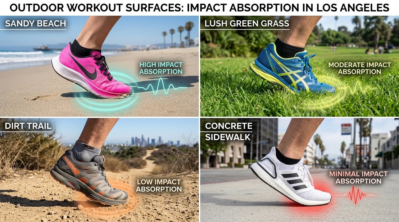 The 30-Minute Outdoor Workout Plan for Adults With Knee or Hip Pain in Los Angeles 2 Side by side comparison of outdoor workout surfaces in Los Angeles sand grass dirt trail and concrete showing impact absorption for knee and hip pain