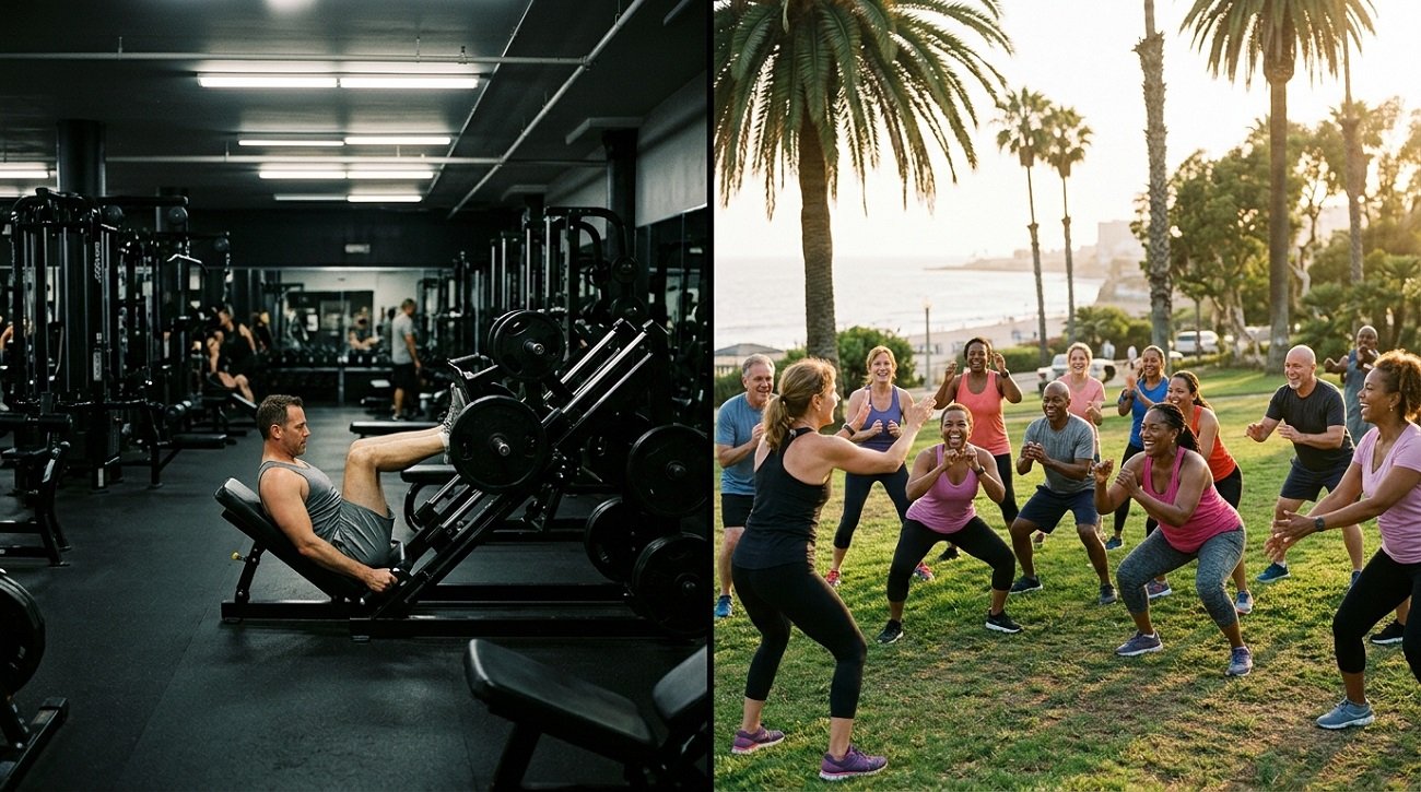 Traditional gym versus a fitness group for adults outdoors in Los Angeles