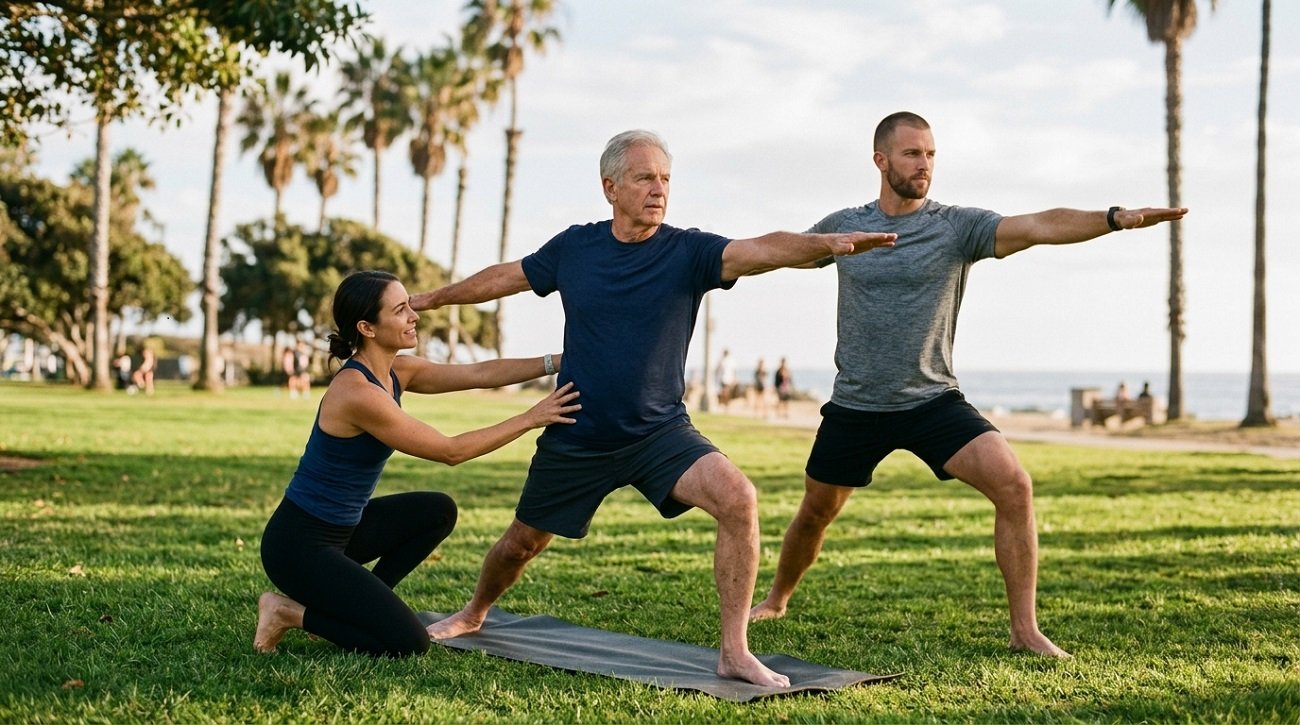 The Best Outdoor Fitness Program for Seniors in Los Angeles 3 Two trainers helping an older adult with exercise form outdoors
